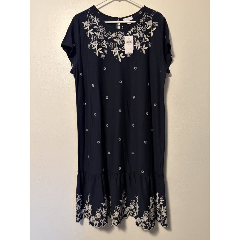 J Jill Embroidered Floral Knee Length Dress Women’s Large Navy Blue White New